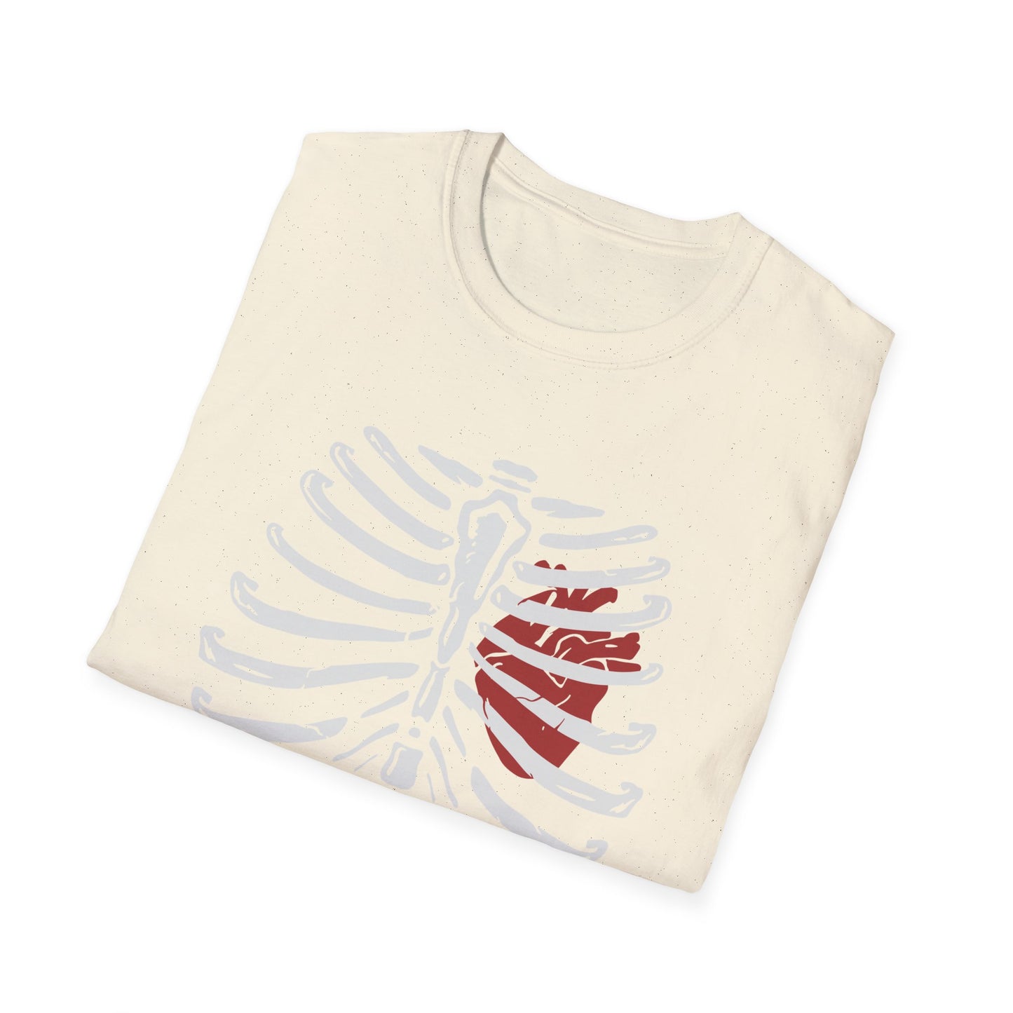 Striking "Live In Death" Skeleton Rib Cage & Red Heart T-Shirt | Unique Anatomical Goth Tee | Deep Meaning Statement Apparel