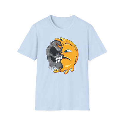 Vibrant Melting Skull Smiley Face T-Shirt | Unique Duality Graphic Tee | Edgy Streetwear Art