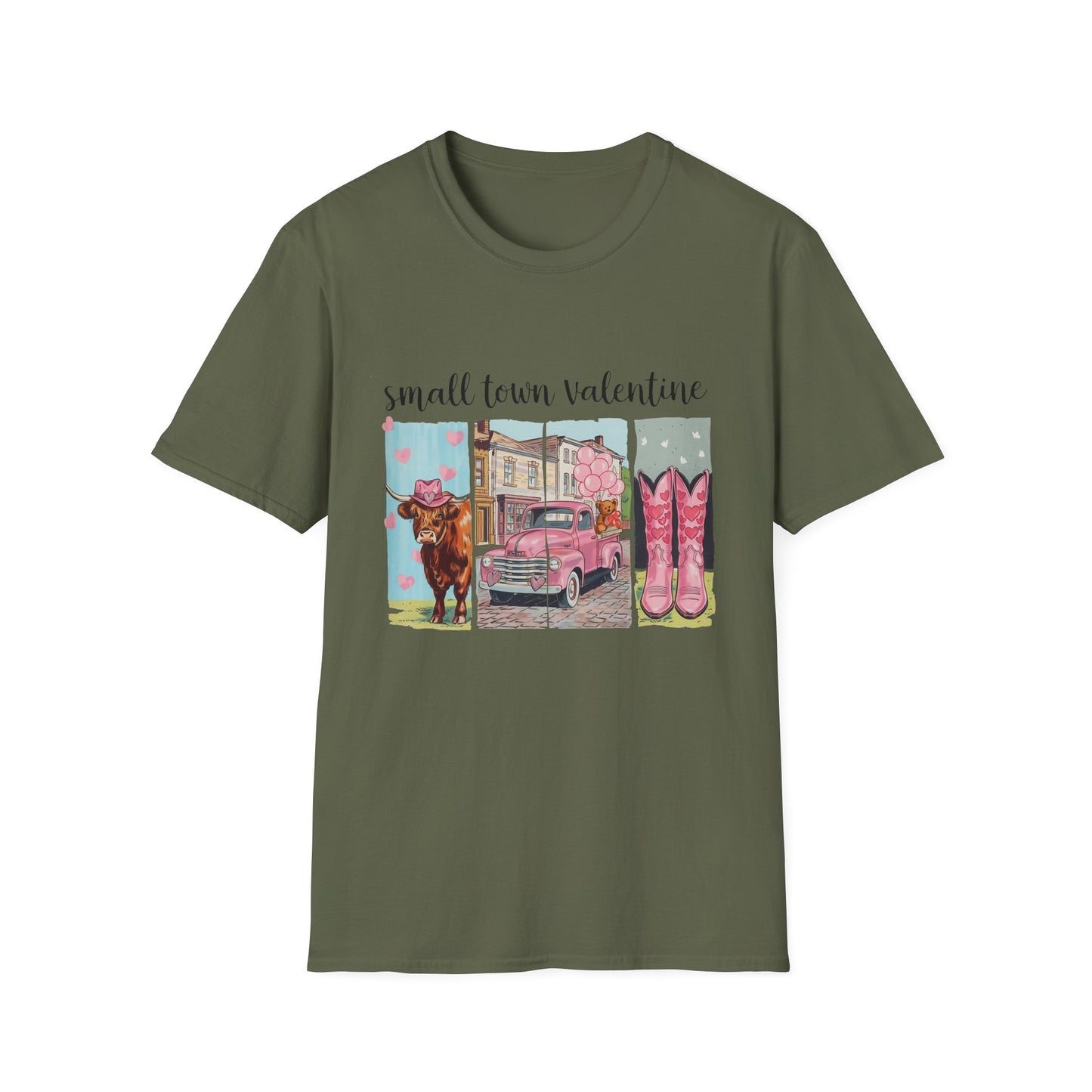 Charming Small Town Valentine T-Shirt | Cute Highland Cow, Pink Truck & Cowboy Boots | Adorable Romantic Gift for Her
