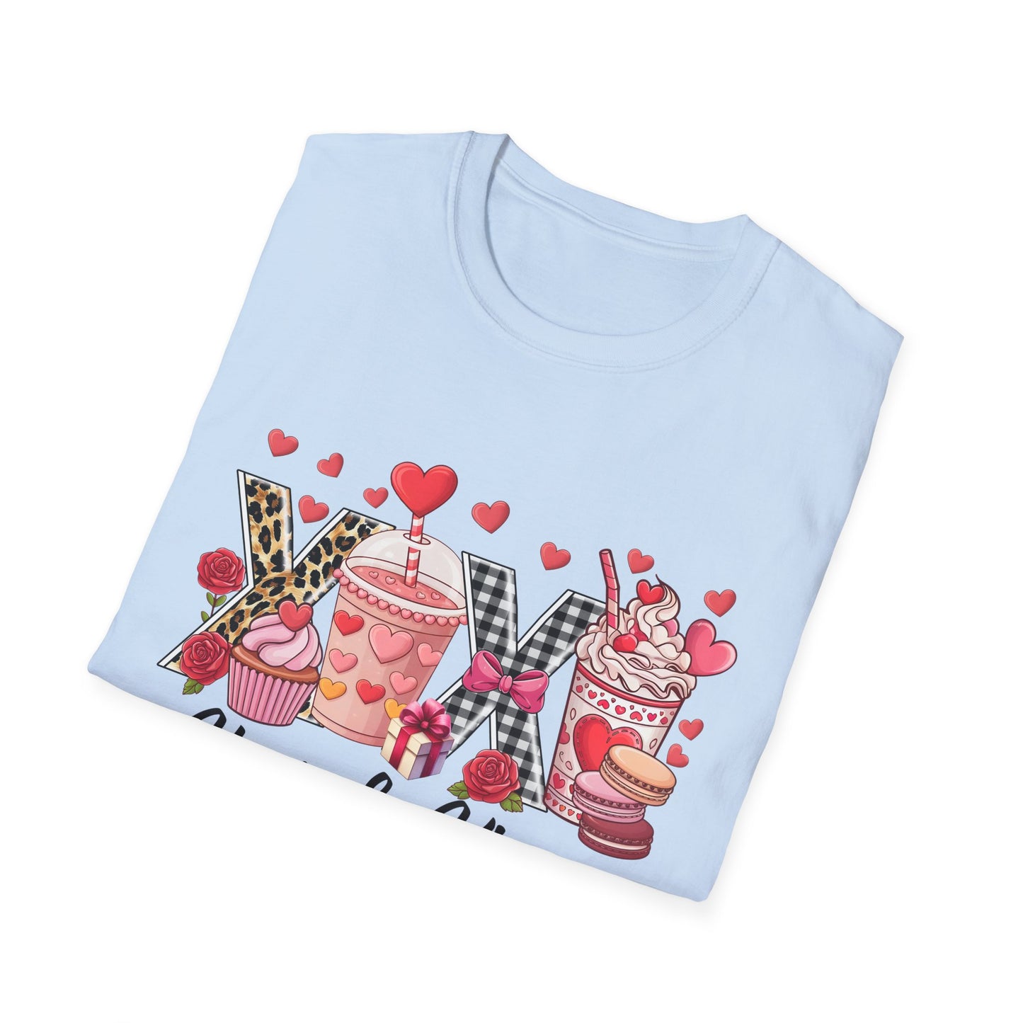 Chic Valentine's Day T-Shirt | Sweet Treats & Love Hearts Graphic Tee | Leopard Gingham Cupcake Macaron Frappuccino