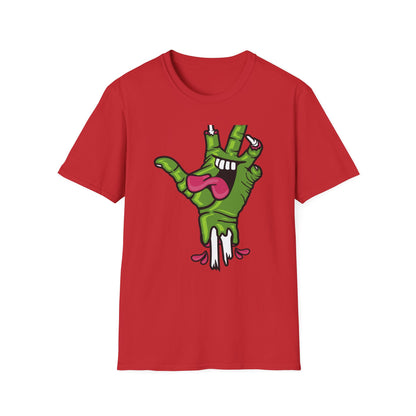 Groovy Zombie Hand T-Shirt with Smiling Monster Face | Spooky Halloween Rock On Tee | Creepy Fun Apparel