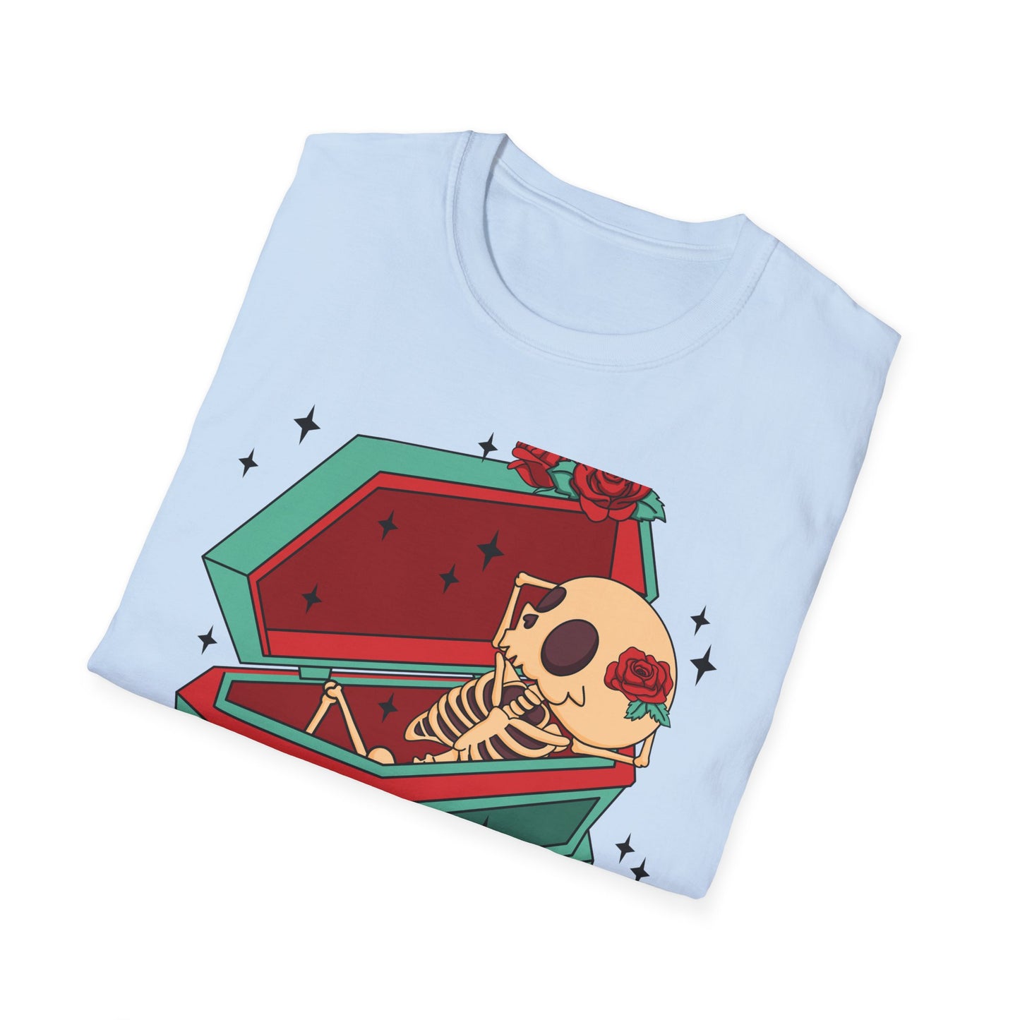 Chill Skeleton in Coffin T-Shirt | Unique Spooky Cute Goth Tee with Red Roses | Ultimate Alternative Style
