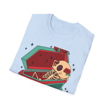 Chill Skeleton in Coffin T-Shirt | Unique Spooky Cute Goth Tee with Red Roses | Ultimate Alternative Style