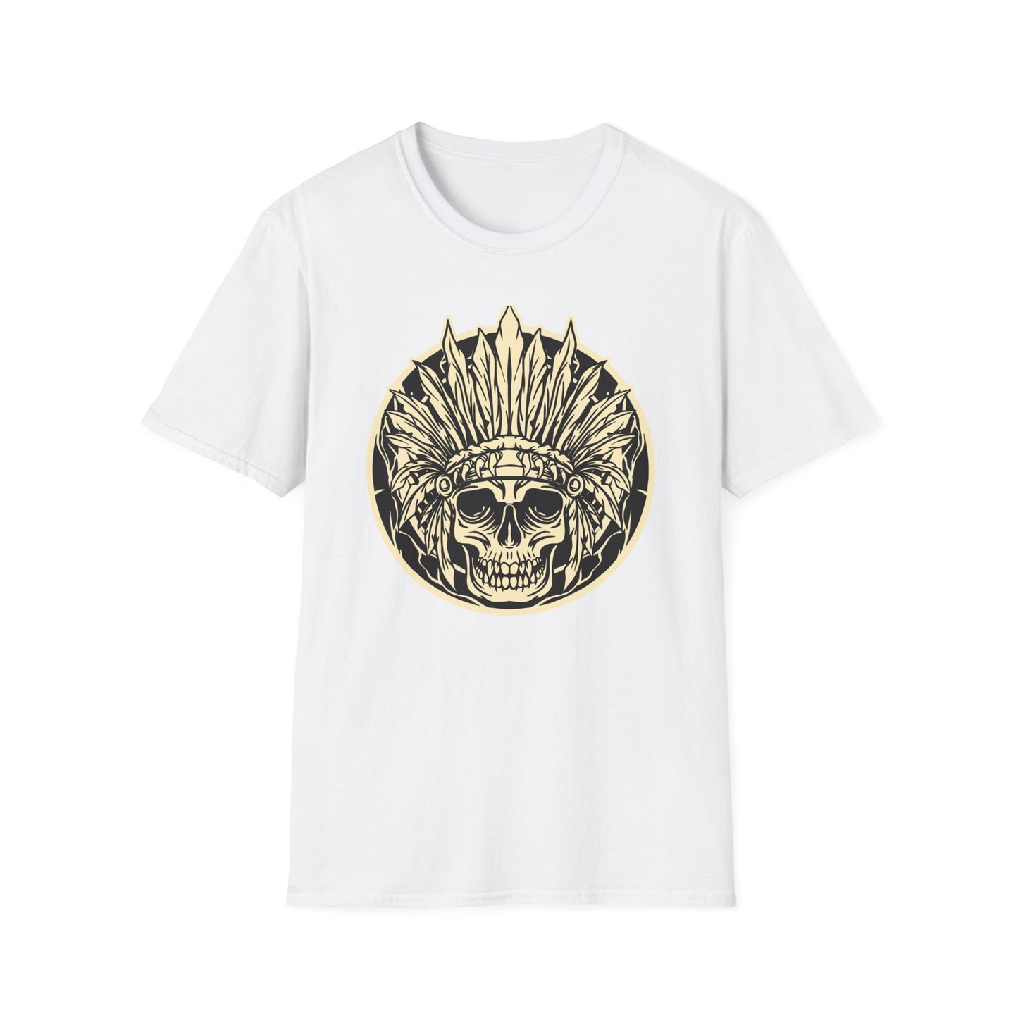 Striking Feather Headdress Skull T-Shirt | Mystic Tribal Warrior Graphic Tee | Bold Unique Apparel for Edgy Souls