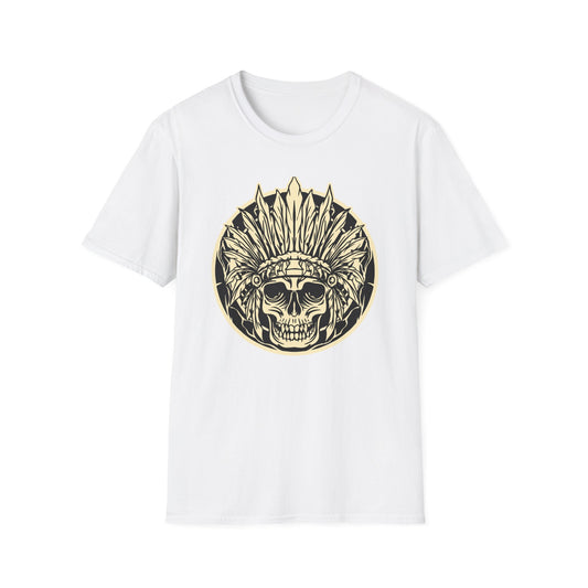Striking Feather Headdress Skull T-Shirt | Mystic Tribal Warrior Graphic Tee | Bold Unique Apparel for Edgy Souls