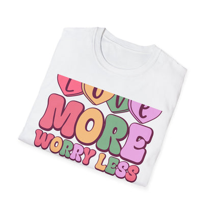 Retro Love More Worry Less T-Shirt - Groovy Candy Hearts & Positive Message Tee for Women & Teens | Inspiring Vibes