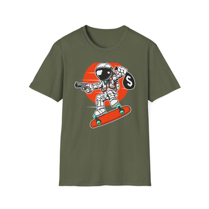 Epic Astronaut Skater T-Shirt: Cosmic Rebel with Cash & Gun | Unique Streetwear Space Outlaw Graphic Tee