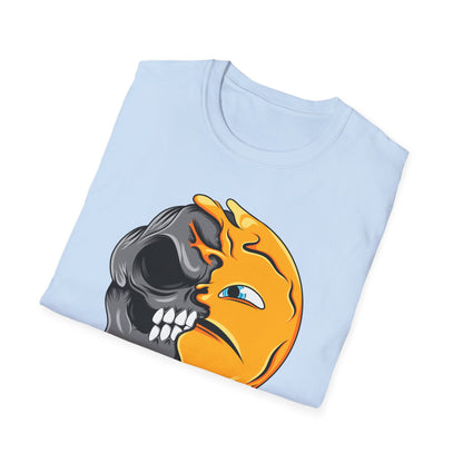 Vibrant Melting Skull Smiley Face T-Shirt | Unique Duality Graphic Tee | Edgy Streetwear Art