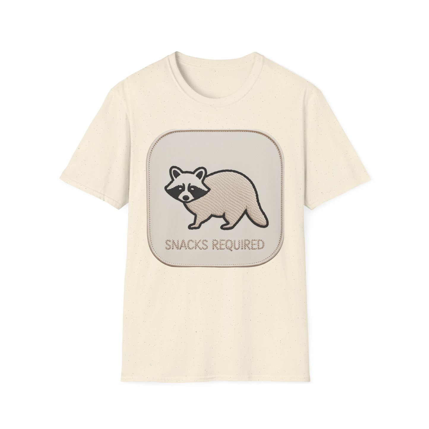 Hilarious Raccoon "Snacks Required" T-Shirt | Cute Embroidered Look Animal Lover & Foodie Gift | Unique Soft Tee