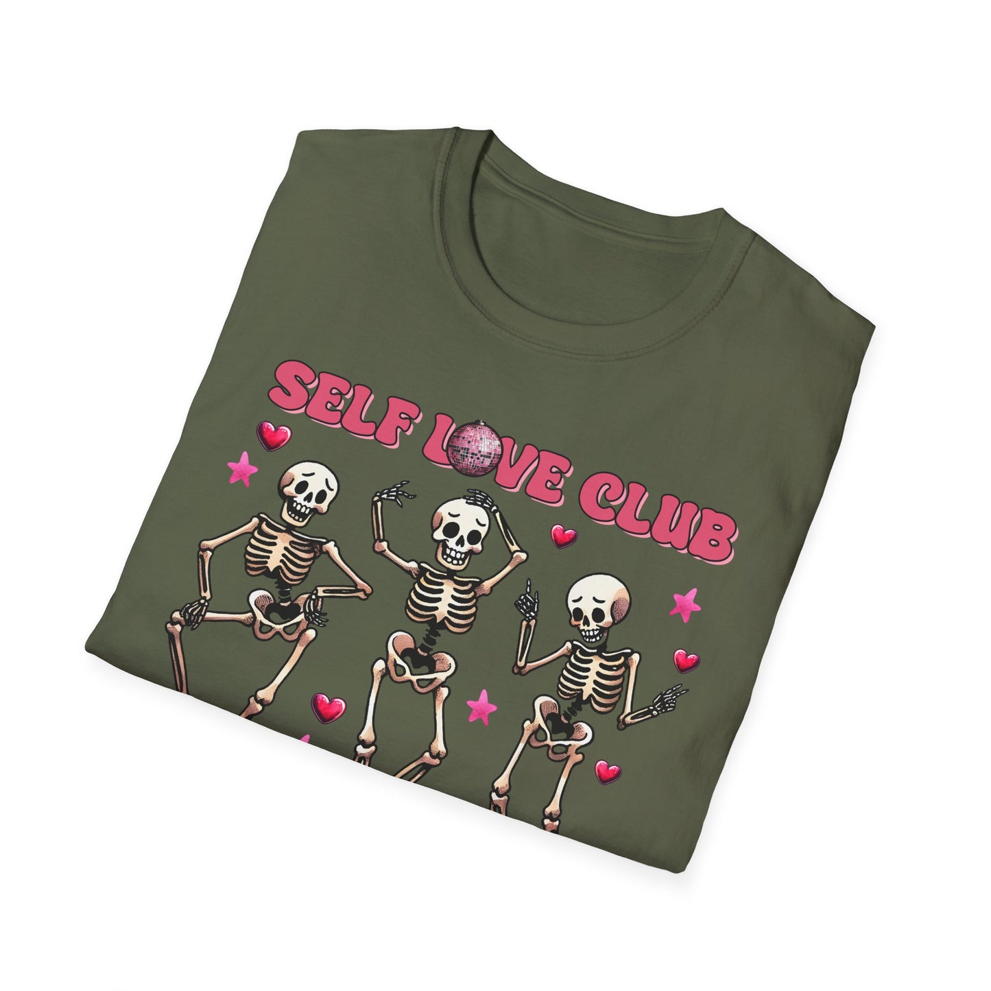 Groovy Self Love Club T-Shirt | Empowering Dancing Skeletons & Disco Ball Design | Trendy & Unique Top