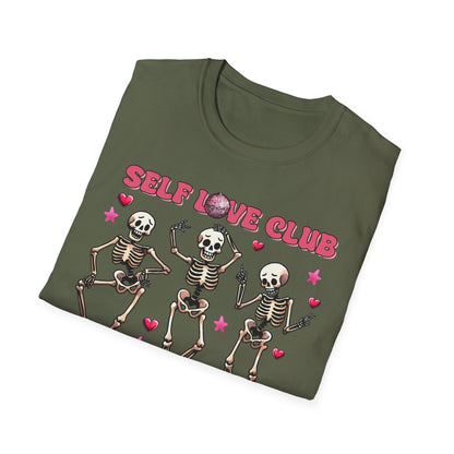 Groovy Self Love Club T-Shirt | Empowering Dancing Skeletons & Disco Ball Design | Trendy & Unique Top