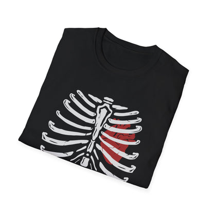 Striking "Live In Death" Skeleton Rib Cage & Red Heart T-Shirt | Unique Anatomical Goth Tee | Deep Meaning Statement Apparel