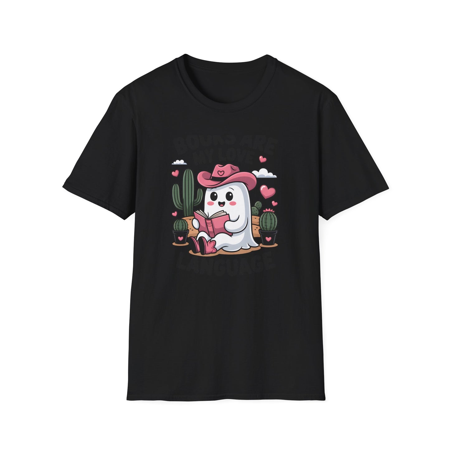 Adorable Reading Ghost T-Shirt | “Books Are My Love Language” Pink Cowboy Ghost Tee | Unique Book Lover Gift