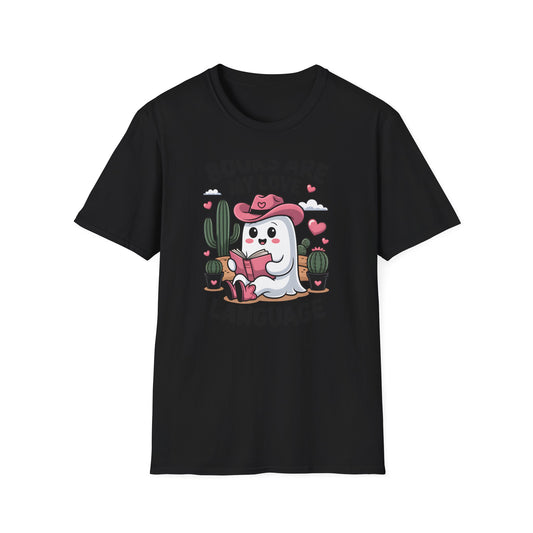 Adorable Reading Ghost T-Shirt | “Books Are My Love Language” Pink Cowboy Ghost Tee | Unique Book Lover Gift
