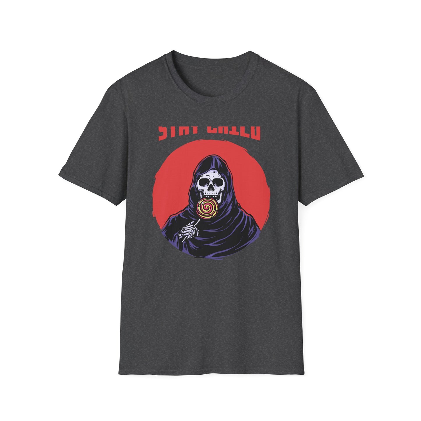Stay Child Grim Reaper Lollipop T-Shirt | Edgy Skeleton Tee for Dark Humor & Inner Child | Unique & Vibrant Fun