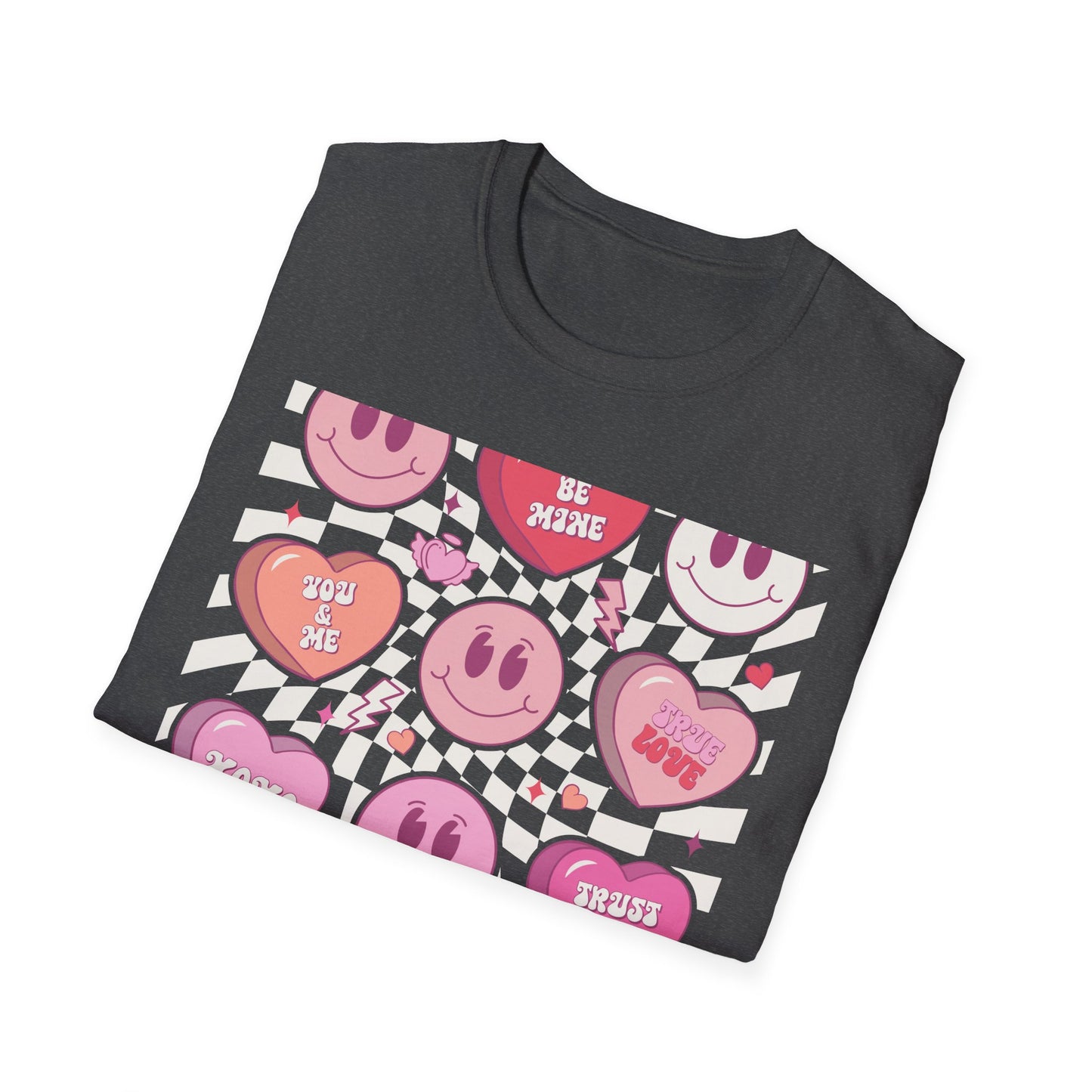 Groovy Retro Valentine's T-Shirt | Adorable Conversation Heart & Smiley Face Design | Trendy Love Core Aesthetic Tee