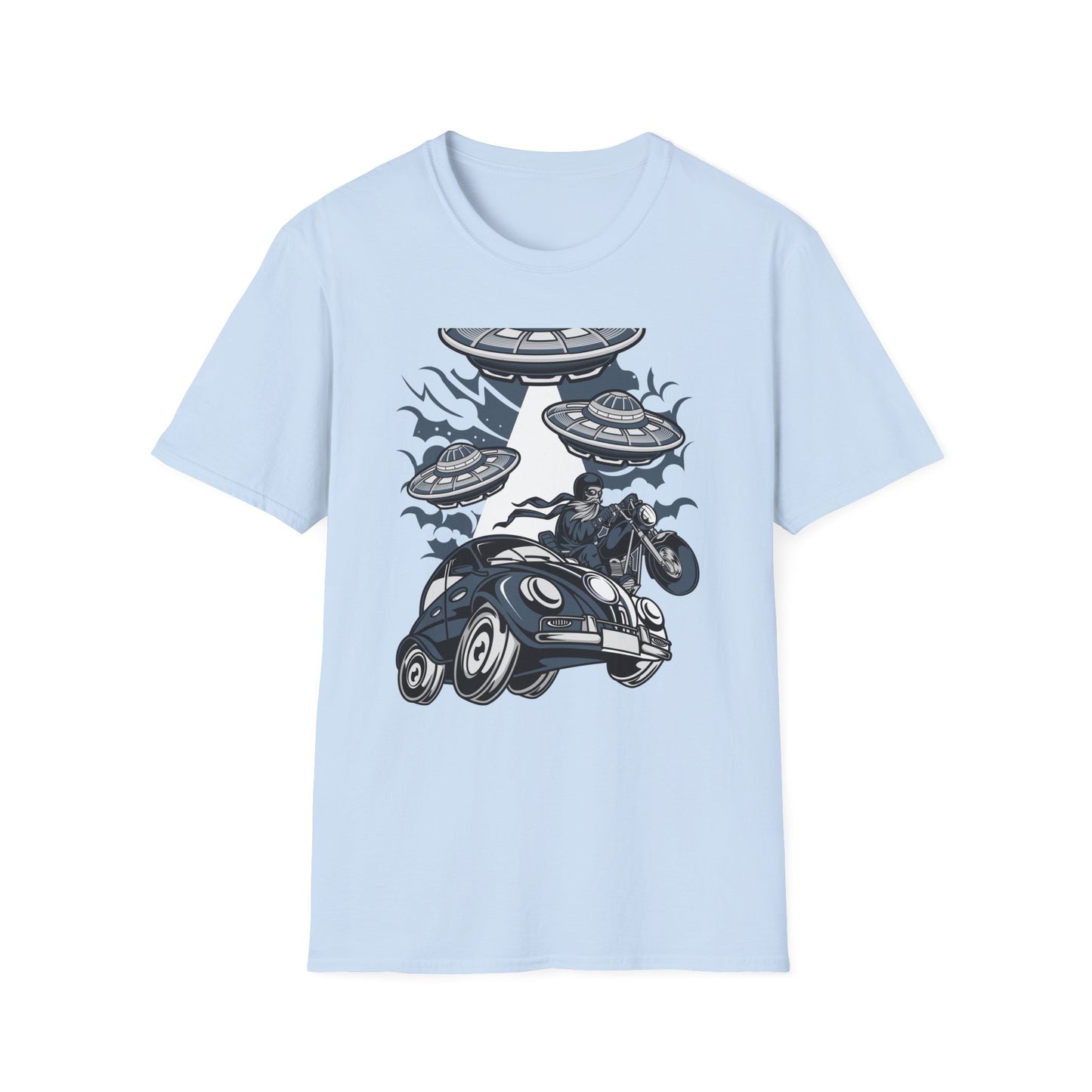 Epic Alien Invasion Biker VW Beetle T-Shirt | Unique Sci-Fi Chopper Car Lover Gift Tee