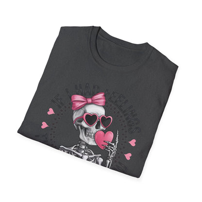 Sarcastic Skeleton Love T-Shirt | Edgy Pink Heart Sunglasses & Bow Graphic Tee | Funny Valentine's Day Gift for Her