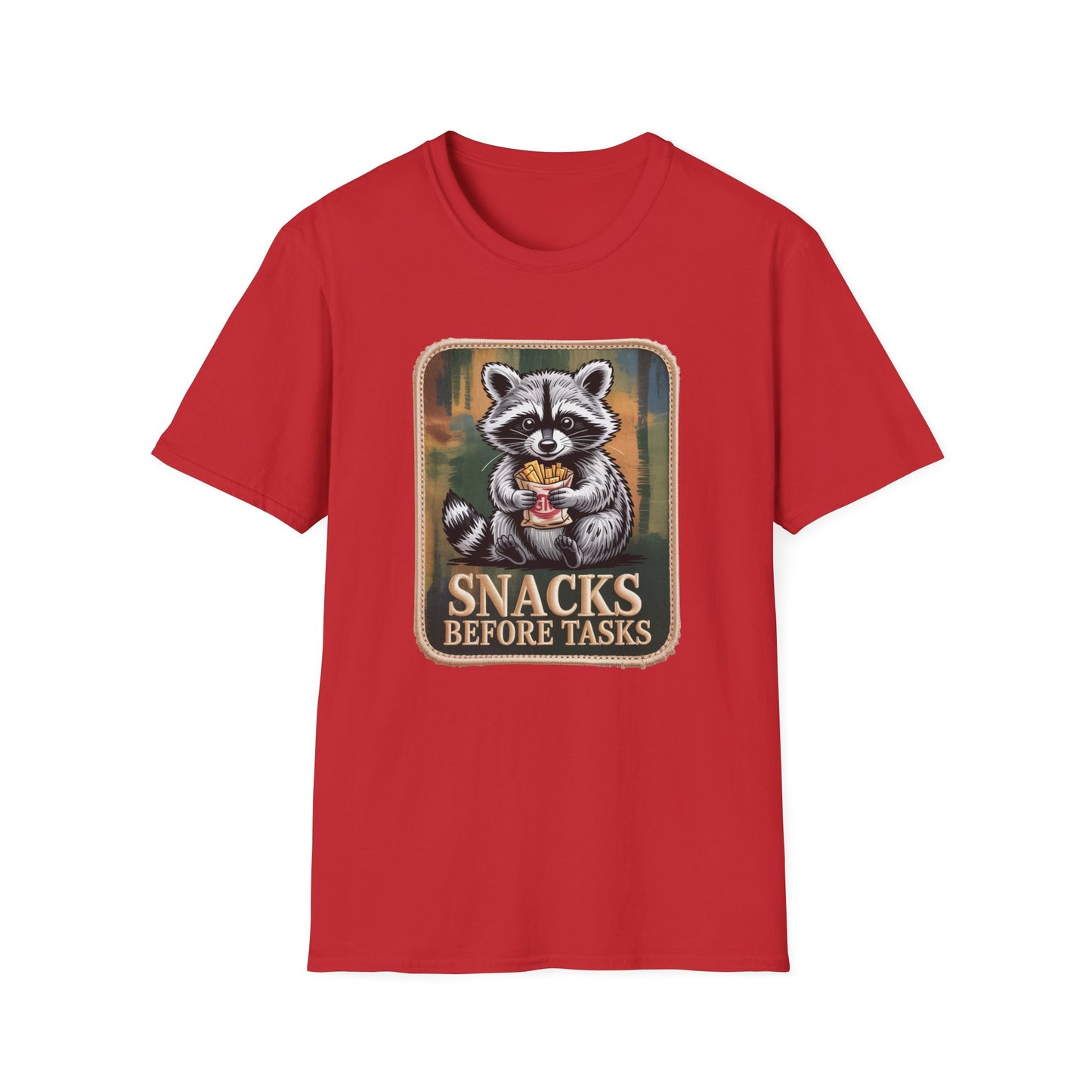 Hilarious Raccoon Snacks Before Tasks T-Shirt | Adorable Animal Lover Gift | Cozy Funny Graphic Tee