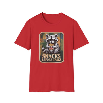 Hilarious Raccoon Snacks Before Tasks T-Shirt | Adorable Animal Lover Gift | Cozy Funny Graphic Tee