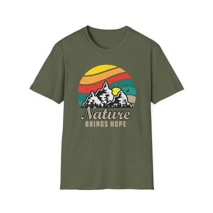 Inspiring Vintage Nature Mountains T-Shirt | Retro Outdoors Adventure Tee with 'Nature Brings Hope' Design | Essential Hiking & Camping Shirt
