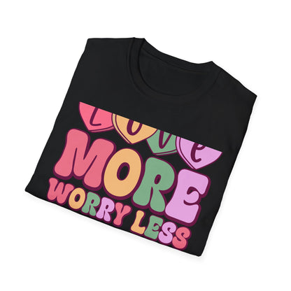 Retro Love More Worry Less T-Shirt - Groovy Candy Hearts & Positive Message Tee for Women & Teens | Inspiring Vibes