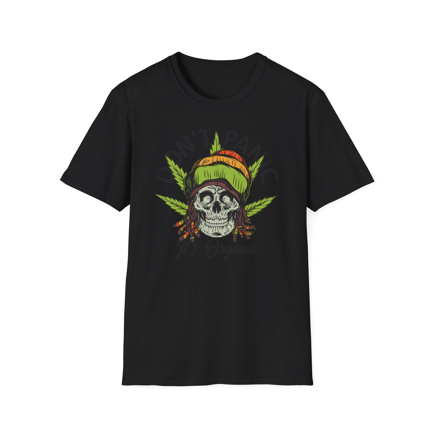 Awesome Don't Panic It's Organic Rasta Skull T-Shirt | Unique Cannabis Leaf Reggae Tee for Chill Vibes