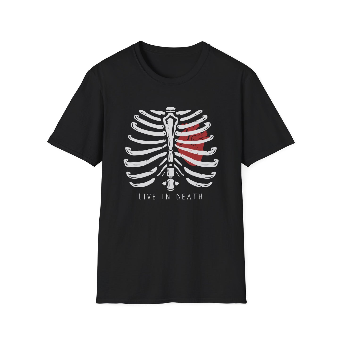 Striking "Live In Death" Skeleton Rib Cage & Red Heart T-Shirt | Unique Anatomical Goth Tee | Deep Meaning Statement Apparel