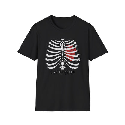 Striking "Live In Death" Skeleton Rib Cage & Red Heart T-Shirt | Unique Anatomical Goth Tee | Deep Meaning Statement Apparel