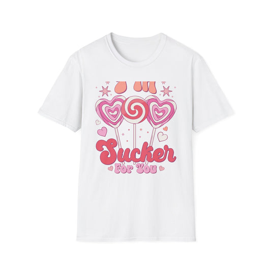 Groovy "I'm a Sucker For You" T-Shirt | Sweet Valentine's Day Love Tee | Retro Candy Heart & Lollipop Design