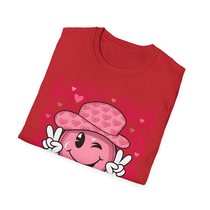Super Cute Groovy Smiley Face T-Shirt - Pink Hearts Cowboy Hat & Peace Sign - Awesome 'Love You' Tee for Valentine's Day