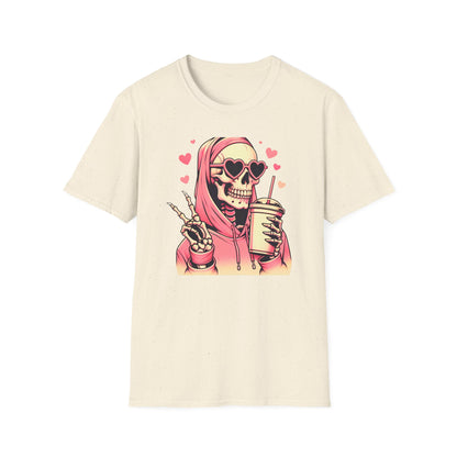 Trendy Pink Skeleton T-Shirt: Chill Vibes, Heart Sunglasses & Peace Sign Tee – Spooky Cute Aesthetic for Women & Teens