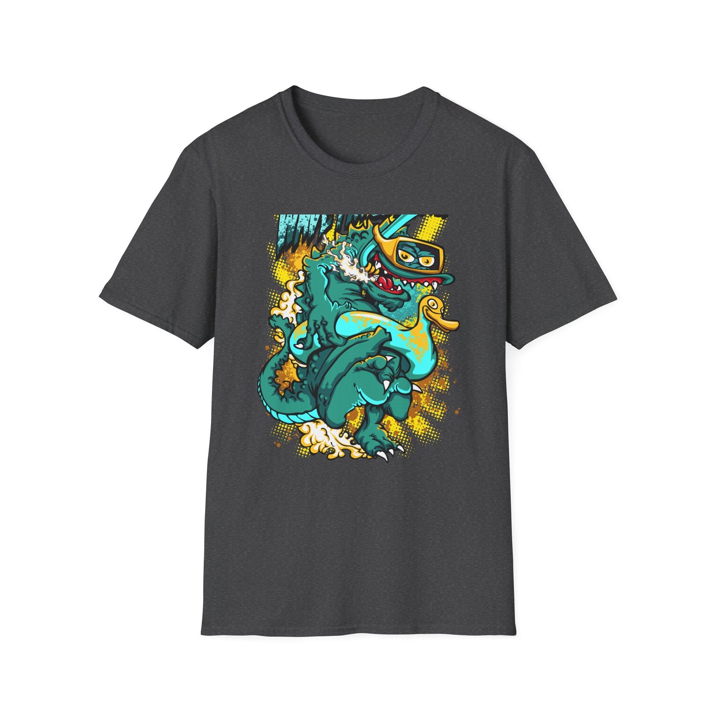 Epic 'WAVE I'M COMING' Monster T-Shirt - Hilarious Swimming Dragon & Duck Float Graphic Tee for Summer Fun & Beach Adventures