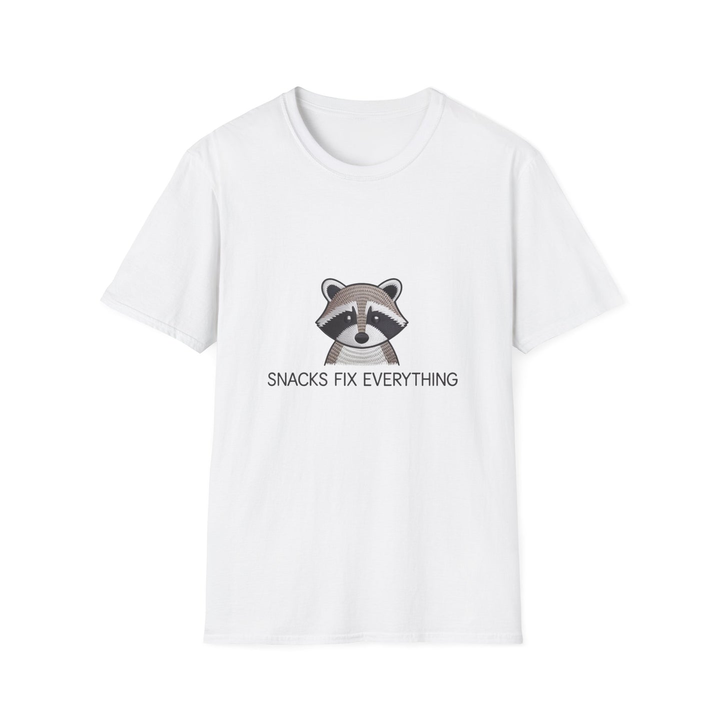 Awesome Raccoon 'Snacks Fix Everything' Embroidered T-Shirt - Funny Foodie Animal Tee for Snack Lovers