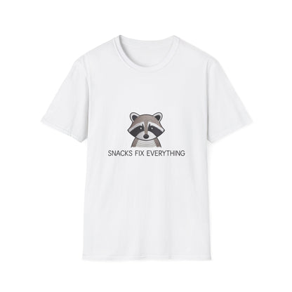 Awesome Raccoon 'Snacks Fix Everything' Embroidered T-Shirt - Funny Foodie Animal Tee for Snack Lovers