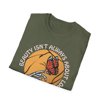 Expressive Skeleton Hand & Monarch Butterfly T-Shirt | 'Beauty Isn't About Looks' Deep Meaning Art Tee