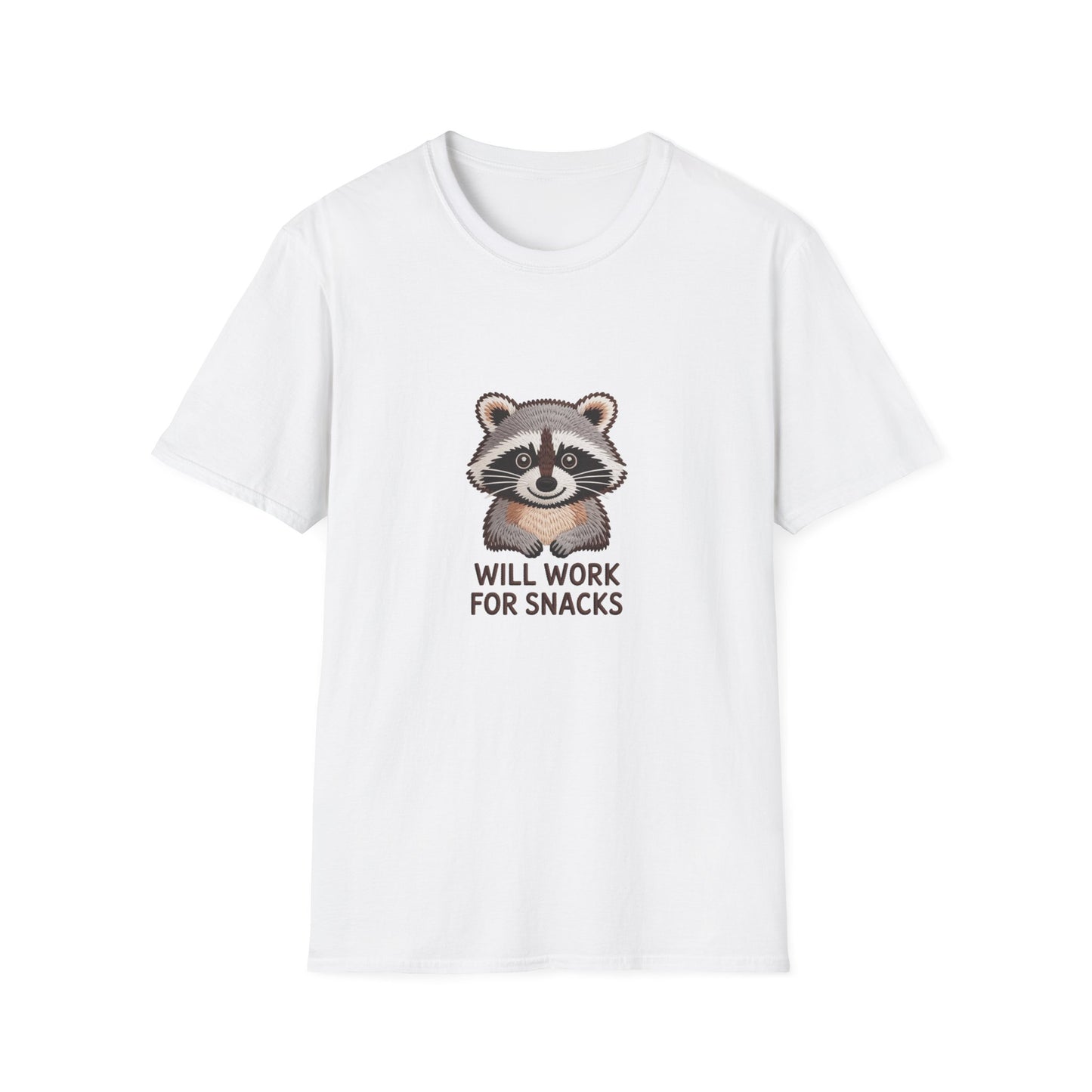 Hilarious Raccoon 'Will Work For Snacks' T-Shirt | Adorable Embroidered-Style Animal Lover Tee Gift