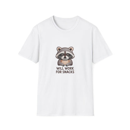 Hilarious Raccoon 'Will Work For Snacks' T-Shirt | Adorable Embroidered-Style Animal Lover Tee Gift