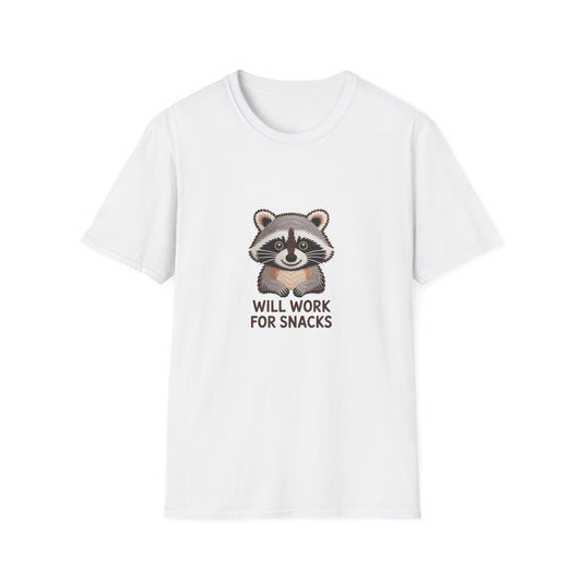 Hilarious Raccoon 'Will Work For Snacks' T-Shirt | Adorable Embroidered-Style Animal Lover Tee Gift