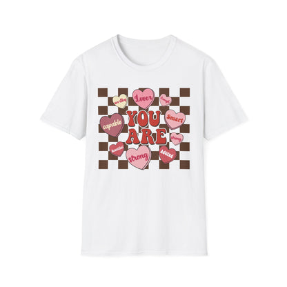 Empowering 'You Are' Positive Affirmation T-Shirt - Retro Candy Heart Self-Love Tee for Women & Teens - Ultimate Confidence Booster Gift