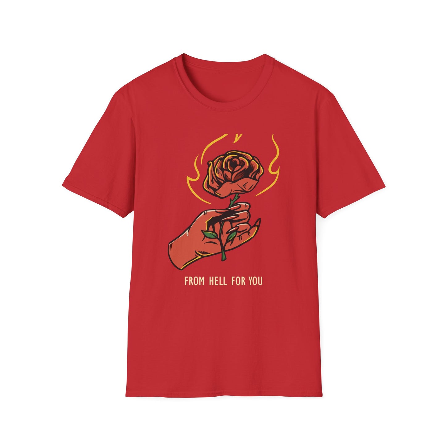 Fiery Rose from Hell T-Shirt - Iconic Dark Romantic Gothic Tee with Inferno Hand & 'FROM HELL FOR YOU' | Edgy Style