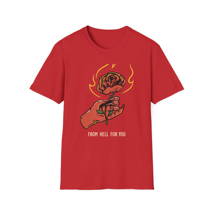 Fiery Rose from Hell T-Shirt - Iconic Dark Romantic Gothic Tee with Inferno Hand & 'FROM HELL FOR YOU' | Edgy Style