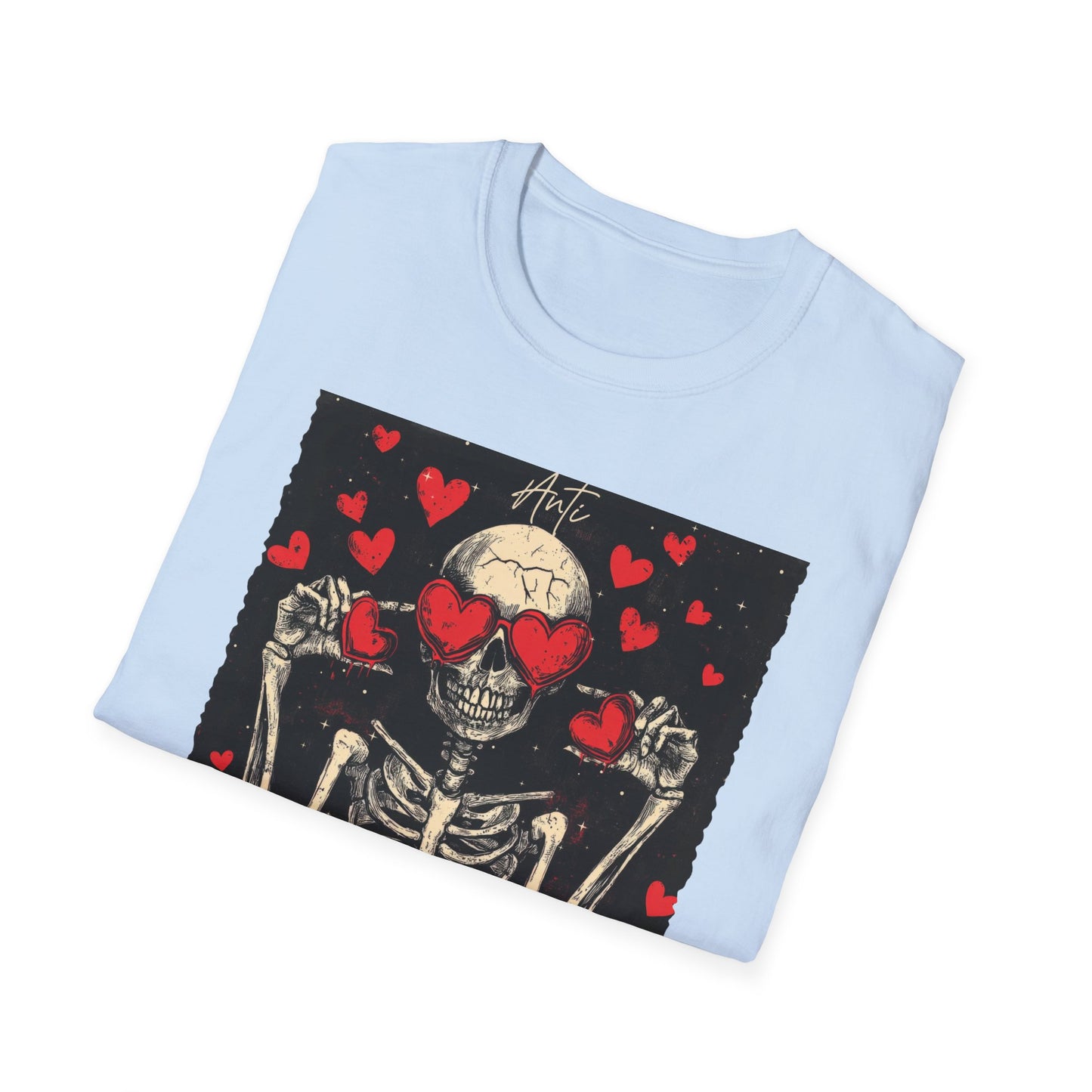 Anti Valentine Club Skeleton T-Shirt - Edgy Skull with Heart Sunglasses & Dripping Hearts | Grunge Anti-Love Tee