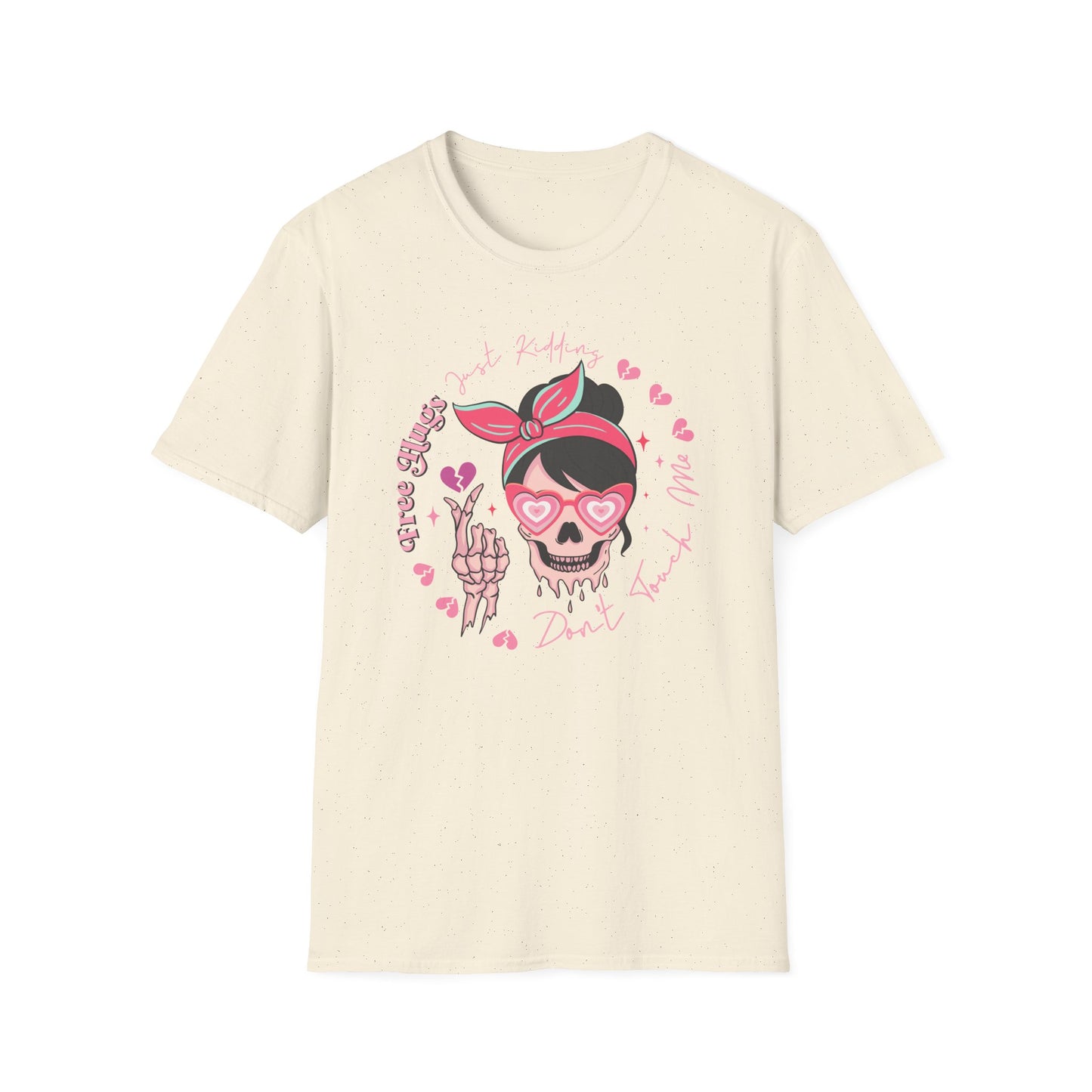 Sassy Skull 'Free Hugs Just Kidding' T-Shirt | Edgy Pink Heart Sunglasses & Broken Hearts Tee | Funny Personal Space Gift for Her