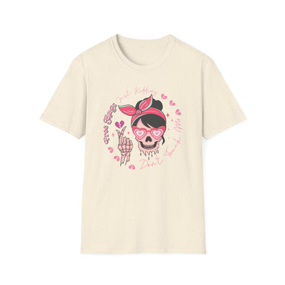 Sassy Skull 'Free Hugs Just Kidding' T-Shirt | Edgy Pink Heart Sunglasses & Broken Hearts Tee | Funny Personal Space Gift for Her