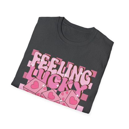 Feeling Lucky Groovy T-Shirt | Pink Heart Dice Retro Aesthetic Tee | Trendy Y2K Cute Sparkling Top for Women & Teens