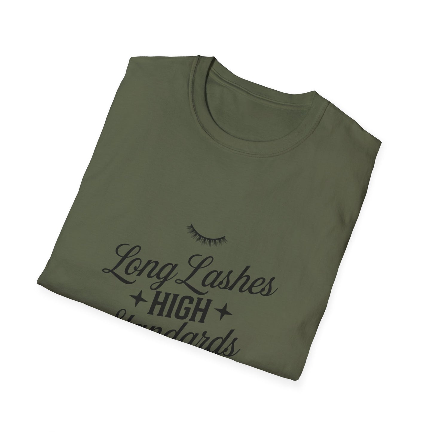 Chic Long Lashes & High Standards T-Shirt | Empowering Beauty Attitude Tee for Confident Women