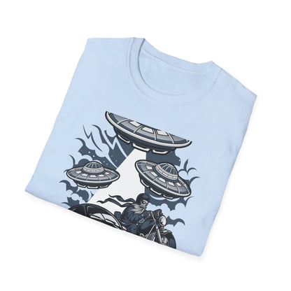 Epic Alien Invasion Biker VW Beetle T-Shirt | Unique Sci-Fi Chopper Car Lover Gift Tee