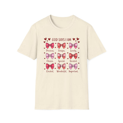 Empowering God Says I Am T-Shirt | Divine Christian Affirmation Tee for Women & Girls with Cute Bows & Hearts