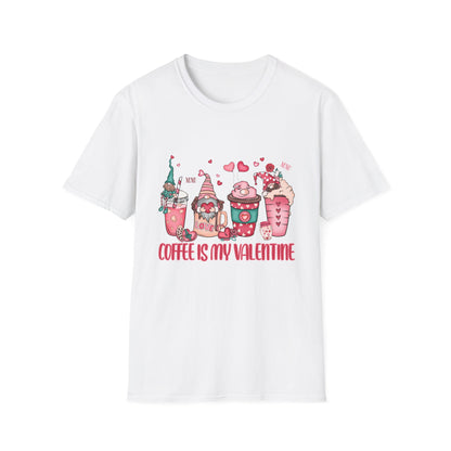 Adorable Coffee is My Valentine Gnomes T-Shirt | Whimsical Hearts & Coffee Lover Tee | Funny Anti-Valentine Gift